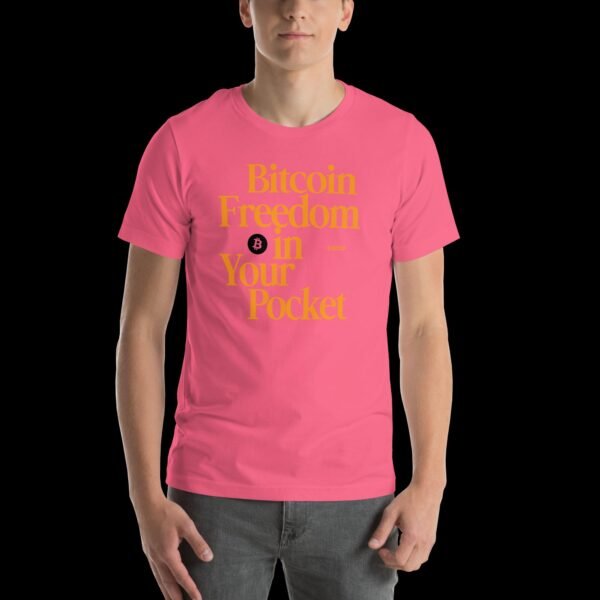 unisex-staple-t-shirt-charity-pink-front-68e14a25d407e.jpg Bitcoin T-shirt (Bitcoin Freedom in your Pocket)