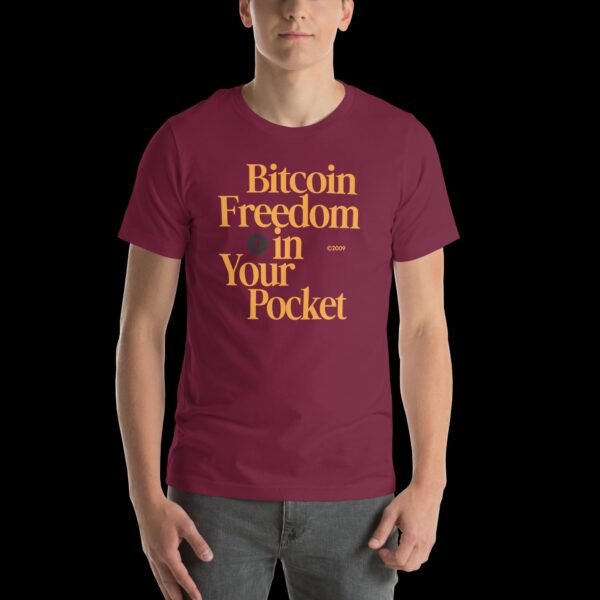 unisex-staple-t-shirt-maroon-front-68e14a25cf8a8.jpg Bitcoin T-shirt (Bitcoin Freedom in your Pocket)